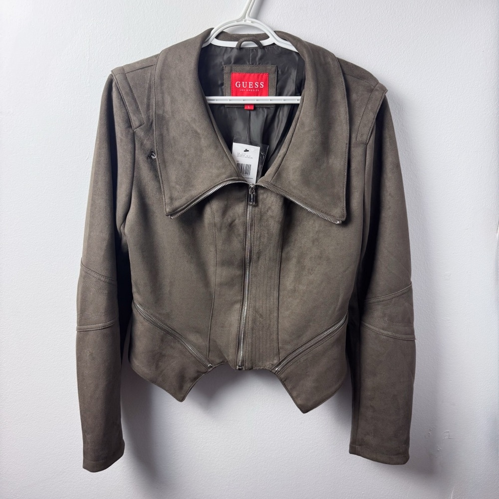 Guess Women's Faux-Suede Jacket Dark Green  Moto Jacket NWT - Picture 4 of 6